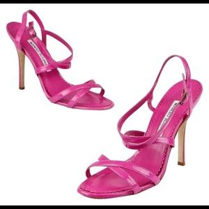 Manolo Blahnik Bayan Bright Pink Patent Leather Heeled Sandal. Only worn once!